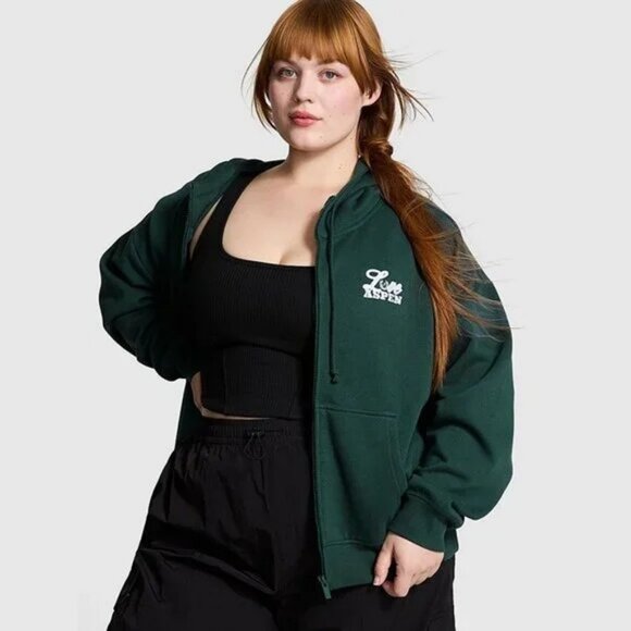 Victoria's Secret PINK Ivy Fleece Campus Full-Zip Hoodie (Deep Forest Aspen) - Picture 2 of 7